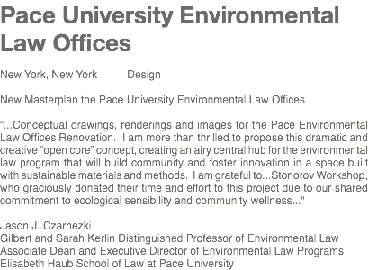 Pace University Environmental Law Offices New York, New York Design New Masterplan the Pace University Environmental Law Offices "...Conceptual drawings, renderings and images for the Pace Environmental Law Offices Renovation. I am more than thrilled to propose this dramatic and creative “open core” concept, creating an airy central hub for the environmental law program that will build community and foster innovation in a space built with sustainable materials and methods. I am grateful to...Stonorov Workshop, who graciously donated their time and effort to this project due to our shared commitment to ecological sensibility and community wellness..." Jason J. Czarnezki Gilbert and Sarah Kerlin Distinguished Professor of Environmental Law Associate Dean and Executive Director of Environmental Law Programs Elisabeth Haub School of Law at Pace University
